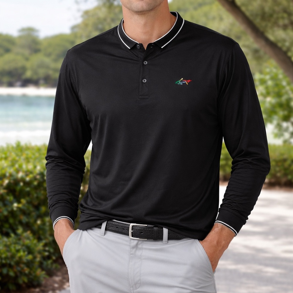 Greg Norman Men's XL‎ Sleeve Golf Shirt Playdry Black Henley Shark Logo
